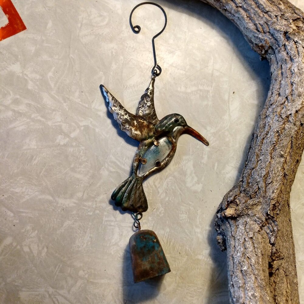 Rustic Metal & Glass Hummingbird Hanging Wind Chime with Bell Windchime